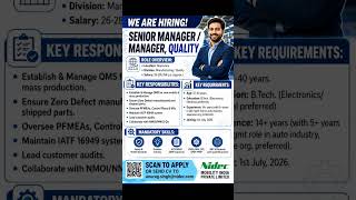 Nidec offer Sr. Mngr._Manager in Quality deptt #job #hiringmanager #qualitymanager #quality #nidec