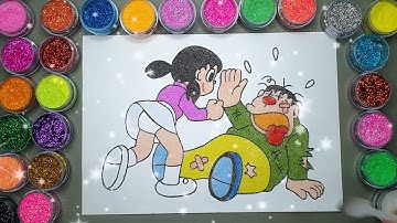 Shizuka Đánh Jaian ✍ Vẽ Và Tô màu Tranh Cát Nhân Vật Hoạt Hình Doraemon 🎨Học Màu Sắc | Heo Xinh