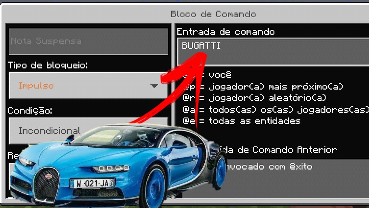 COMANDO DO BUGATTI NO MINECRAFT PE (COMMAND BLOCK) Bugatti car command ...