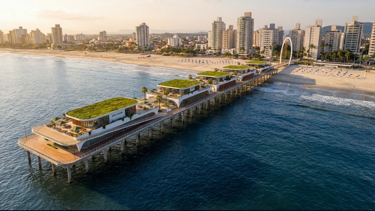 OBRAS NOVO SHOPPING EM PRAIA GRANDE E TAMBÉM UM NOVO PÍER DE 500m MAR A DENTRO NO BAIRRO AVIAÇÃO