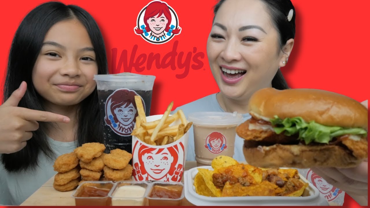 Wendy's Mukbang *Spicy Asiago Chicken Burger, Nacho Chilie with Chicken Nuggets Meal | Sissi&Emma