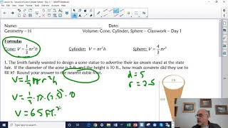 Lesson 1A - Volume of a Cone Cylinder Sphere - Day 1