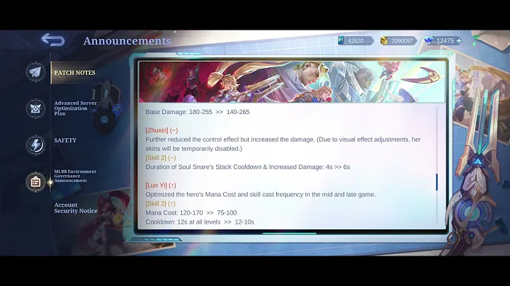 Joy Ling Minsit Mathilda Luo Yi Buff & YSS Yve Baxia Nerf - Patch Notes 2.1.42 Advance Server MLBB