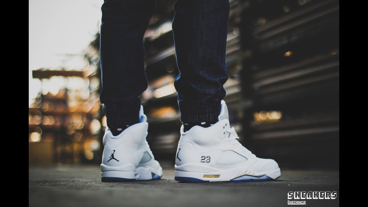 jordan 5 metallic white on feet