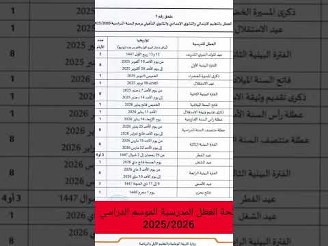 لائحة العطل المدرسية موسم الدراسي 2025 2026