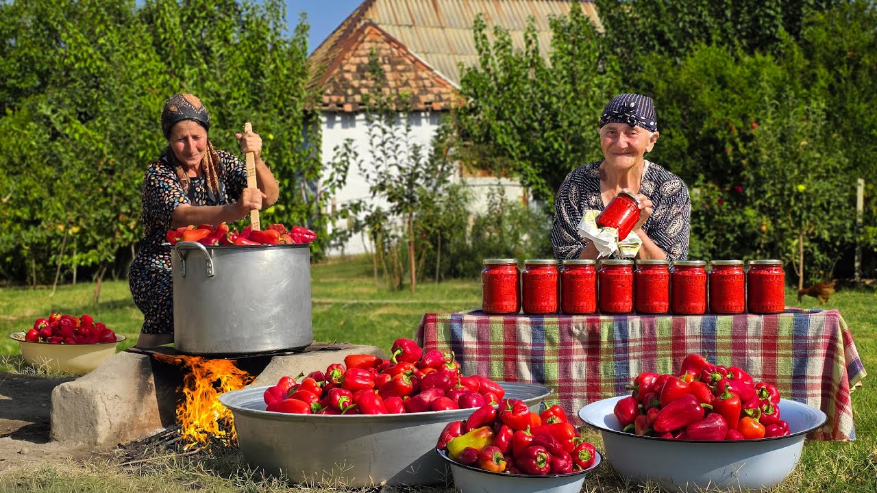 Authentic Red Pepper Adjika in Azerbaijan Countryside | Peaceful Village Cooking & Canning