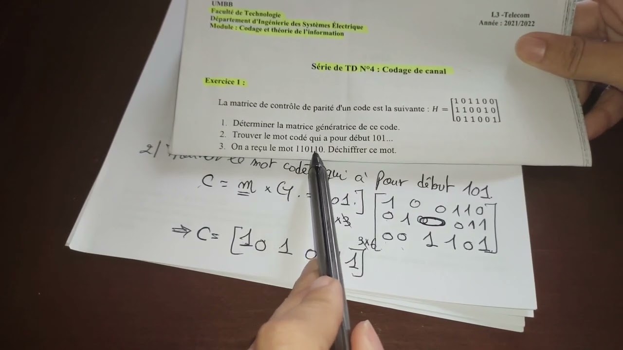 TD4: exercice N°01, principes généraux des codes correcteurs d’erreurs, codage