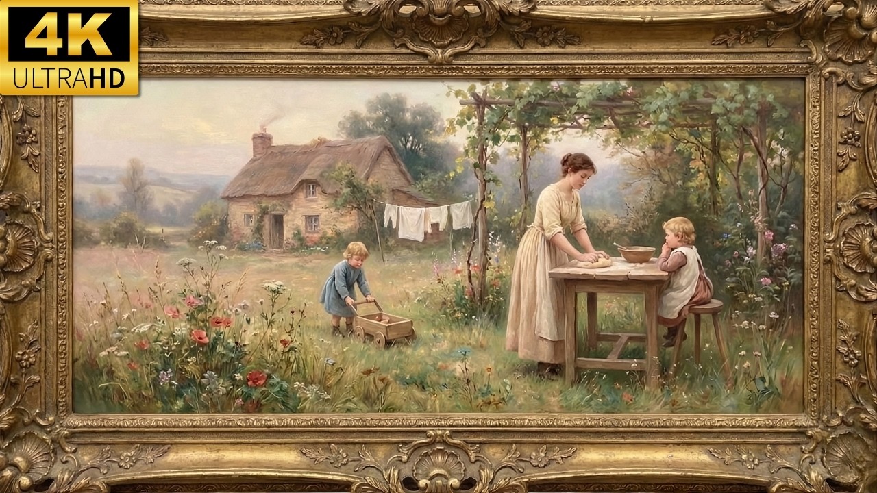 4K UHD Vintage Beautiful Spring Family Moment | Gold Frame Tv Art | Art Screensaver