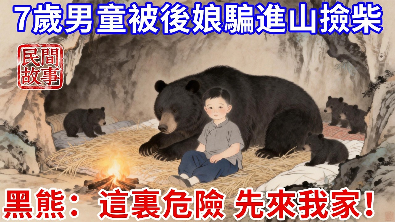 7歲男童被後娘騙進深山撿柴，狠心丟棄，坐地痛哭時，竟有帶崽黑熊出現，開口問他：娃娃，你跑到這裏幹啥？這裏危險，先來我家！#民間故事 #傳統文化 #原創虛構 #華語有聲書 #槐樹下聽書