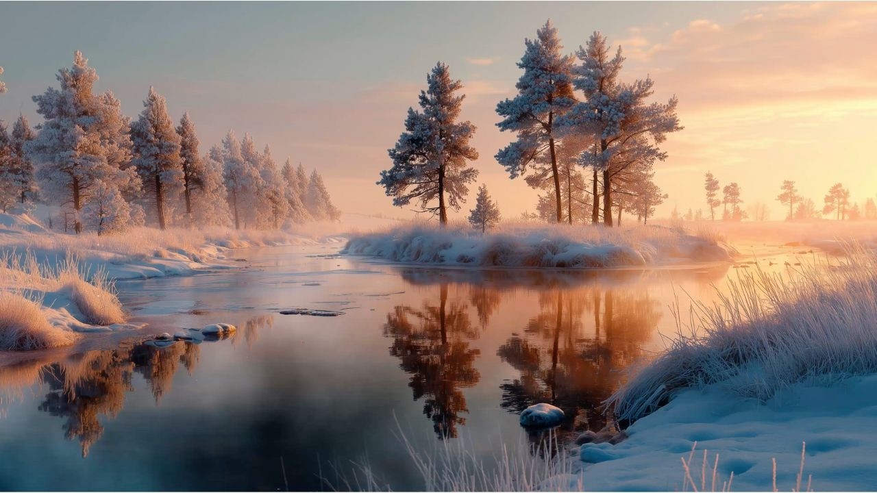 Winter River at Sunrise ❄️ Cozy Relaxing Music | Calm, Warm & Peaceful Ambience