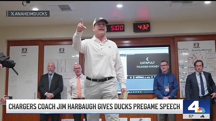 Chargers coach Jim Harbaugh gives Anaheim Ducks pregame speech