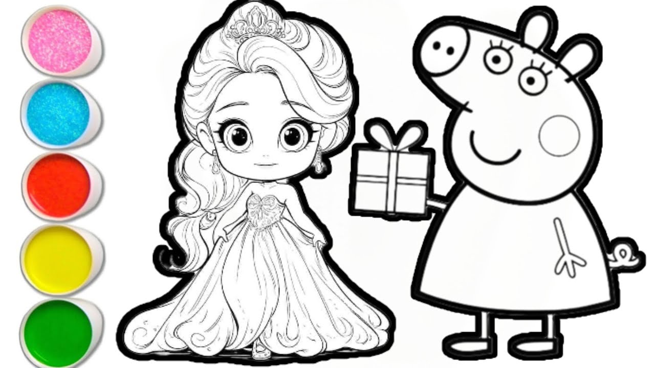 Drawing Princess Papi Peppa pig with princess drawing and coloring for kids and toddlers ...