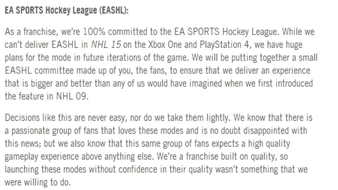 NHL 15 has no GM Connected or EASHL mode on Xbox One, PS4 - The Hockey News