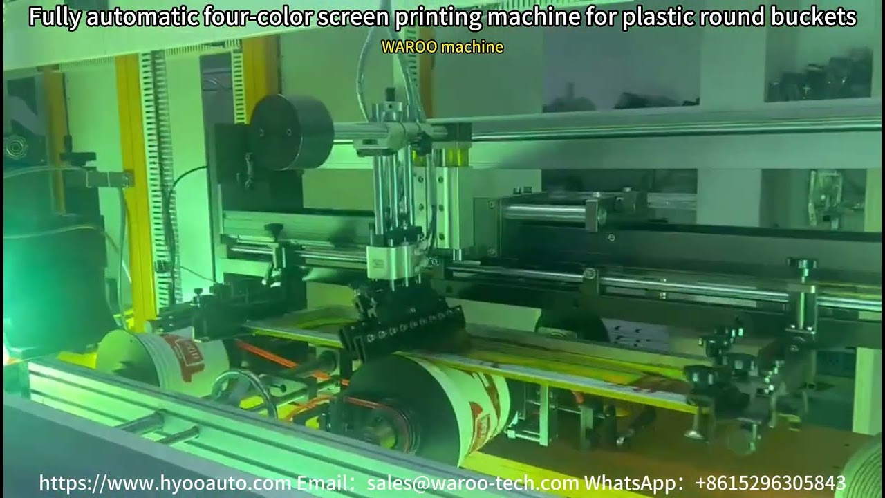 Fully automatic four-color screen printing machine for plastic drums.