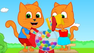 Cats Family in English  Let's fill the Gumball Machine Cartoon for Kids