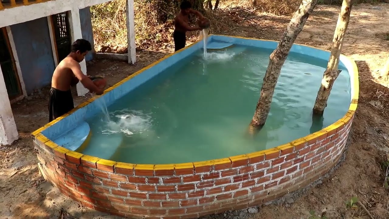 Building Amazing Beautiful Brick Swimming Pool Front Of Two Story Mud Villa