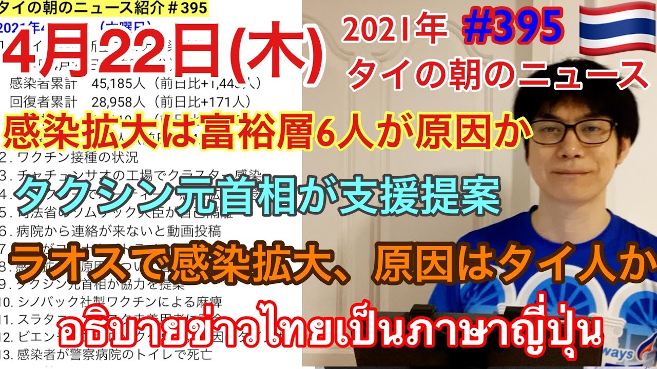 21年4月22日タイの朝のニュース紹介 感染拡大は富裕層6人が原因か タクシン元首相が支援提案 ラオスで感染拡大の原因はタイ人か など Youtube