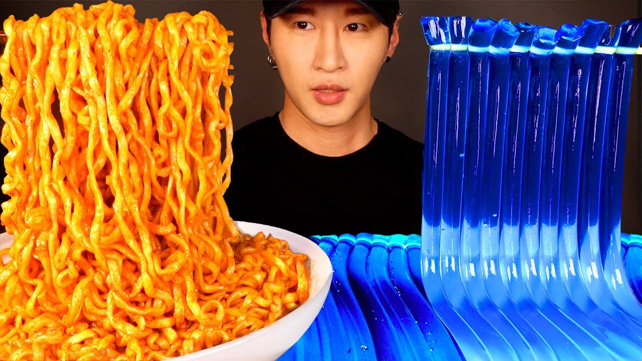 ASMR SPICY FIRE NOODLES & BLUE JELLY NOODLES MUKBANG (No Talking) EATING SOUNDS | Zach Choi ASMR