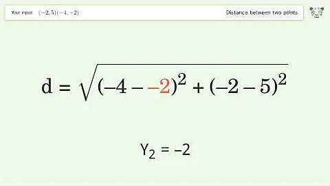 Find the distance between two points p1 (-2,5) and p2 (-4,-2): Step-by-Step Video Solution