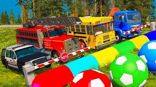 Double Flatbed Trailer Tractor rescue Bus - Tractor transporting Truck - Cars vs Trains