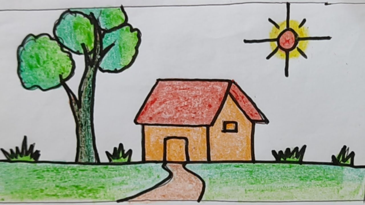 How to draw AN EASY SCENERY | easy Village scenery drawing | step by ...