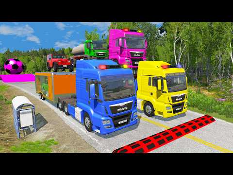 Triple Flatbed Trailer McQueen Transportation with Truck - Speedbumps vs Cars vs Train - BeamNG #01