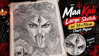 Maa Kali Large Sketch on 55×70 cm Chart Paper | 17+ Hours Detailed Pencil Drawing | Kali Maa Art