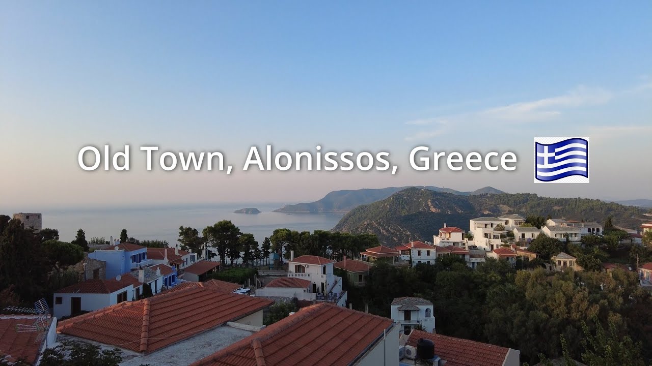 Amazing sunset walking tour in Old Town (Chora) on the island of Alonissos, Greece, Sept, 2022, 4K