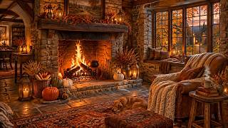 Autumn Stone Cottage Fireplace and Fall Leaves - Smooth Jazz and Crackling Fire - 8 Hours