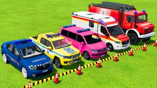 DACIA, VOLKSWAGEN POLICE CARS, MERCEDES AMBULANCE, FIRE DEPARTMENT TRANSPORTING WITH TRUCKS ! FS22