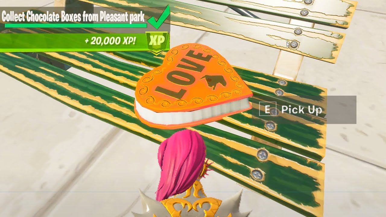 Collect Chocolate Boxes from Pleasant park or Holly Hedges Fortnite