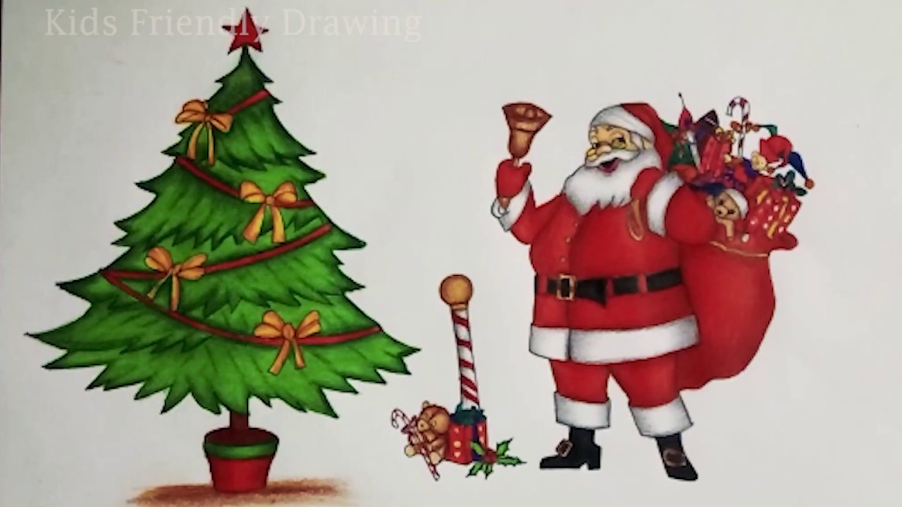 Christmas Drawings How To Draw A Christmas Tree With Santa Claus Santa Claus Drawing