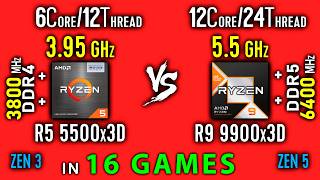 Ryzen 5 5500X3D vs Ryzen 9 9900X3D in 16 Games | R5 5500x3D vs R9 9900X3D + Thermal Power Efficiency