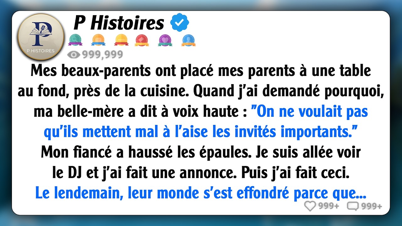Mes beaux-parents ont placé mes parents à une table au fond, près de la cuisine. Quand j'ai demandé