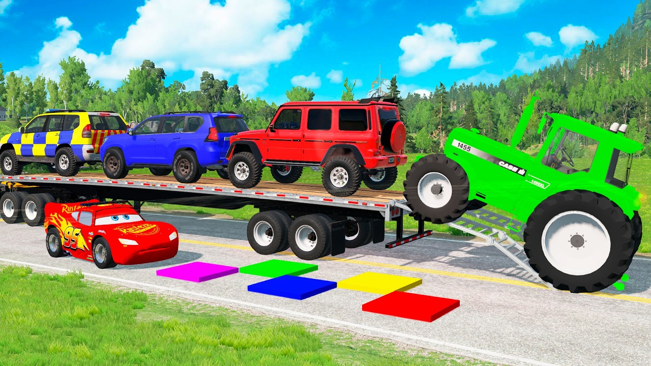 TRANSPORTING PIXAR CARS & FRUITS WITH COLORED & JOHN DEERE vs CLAAS vs TRACTORS - BeamNG.drive #983