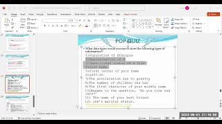L7 Intro to Computer Programming Lectures Varibles Quiz