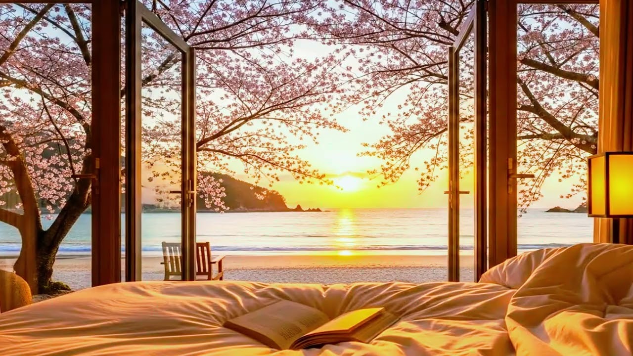 Sakura Evening Serenity | Calm Room View, Soft Waves & Peaceful Reading