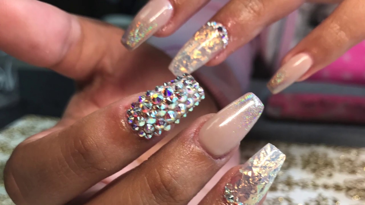 Nude HOLO Chrome Coffin nails with Swarovski Bling 2017