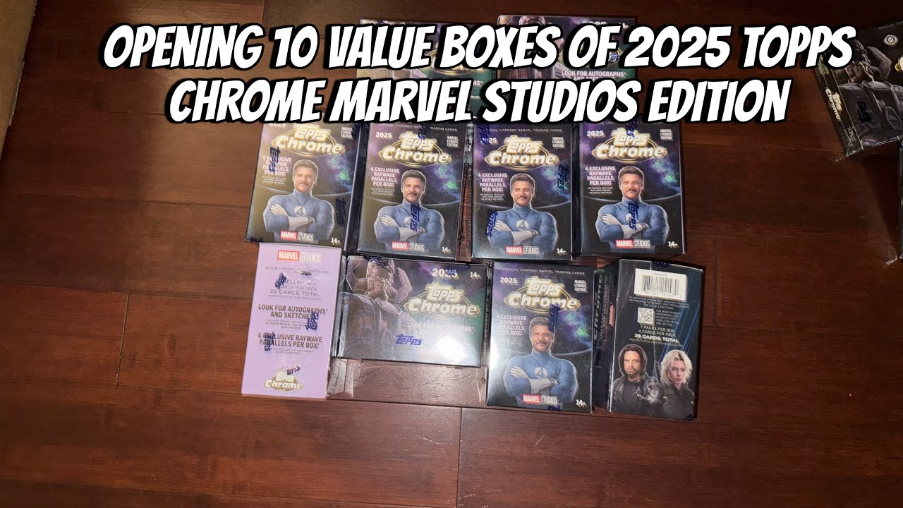 Открытие 10 коробок с коллекционными карточками Topps Chrome Marvel Studios Edition 2025 года.