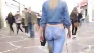 Girl walks busy street naked!