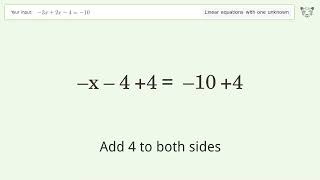 Linear equation with one unknown: Solve -3x+2x-4=-10 step-by-step solution