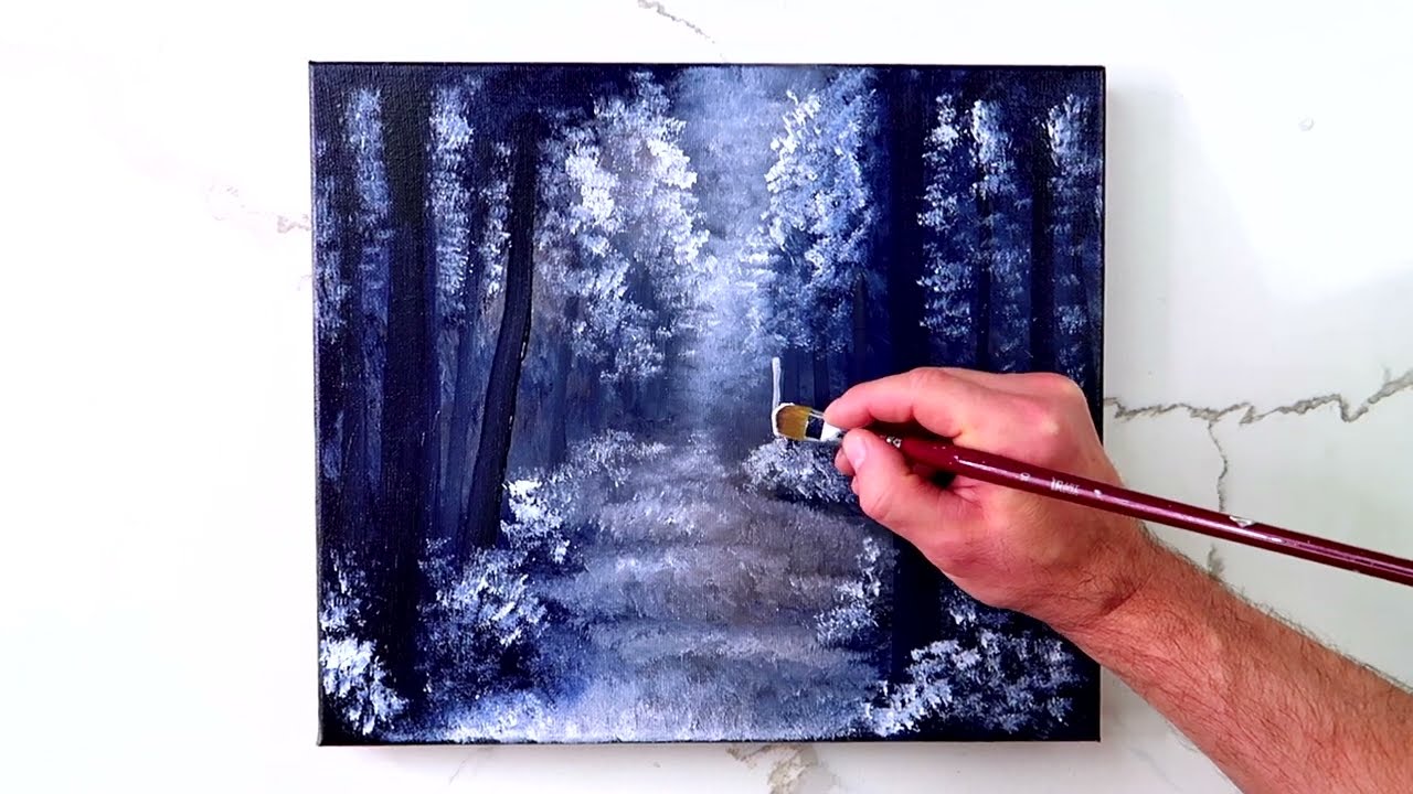 Frozen Serenity | Step-by-Step Acrylic Painting of a Blue Forest Landscape | Easy for Beginners