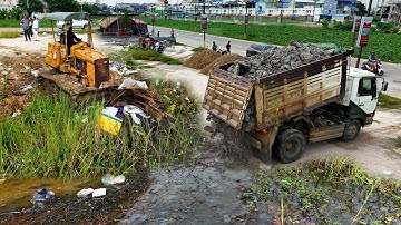 Huge Size Start!! a New Landfill Project! Using Dump Truck 5Ton & Skill Dozer Komat