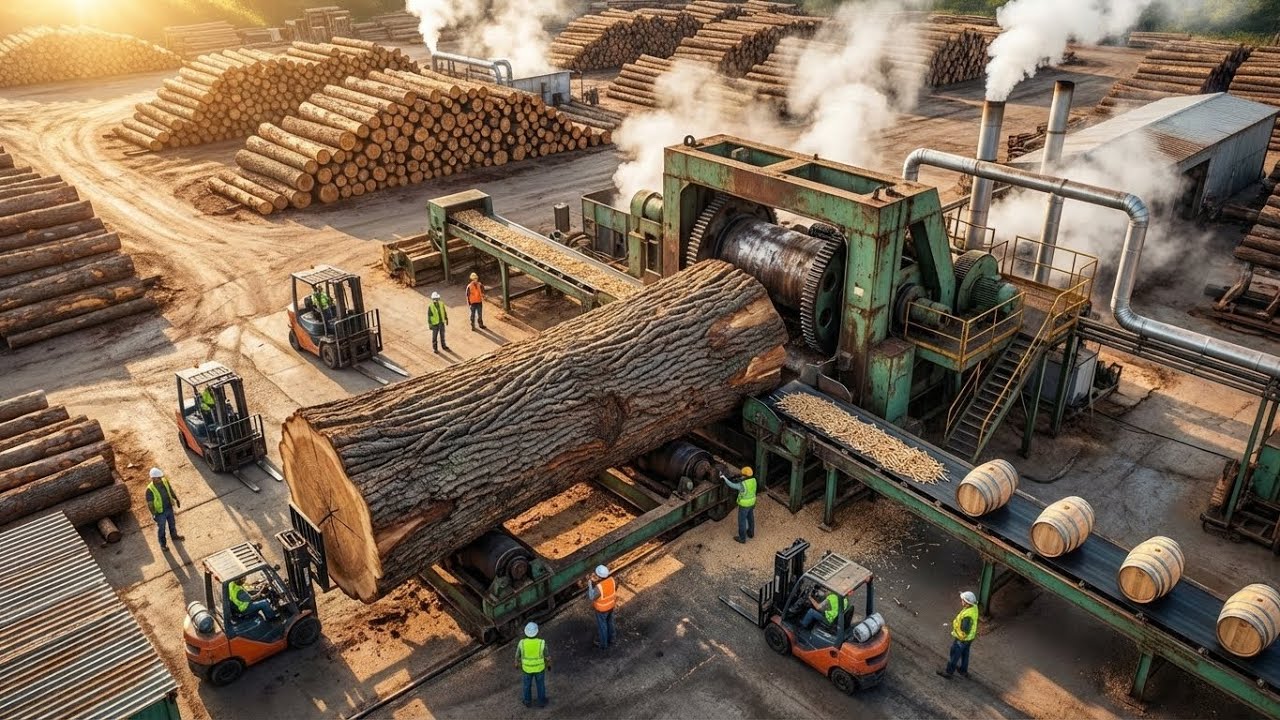 Factory Goteck - Inside Oak Sawmill: Logs to Wine Barrels & Matchsticks (Full Process, No Cuts!) 4K!