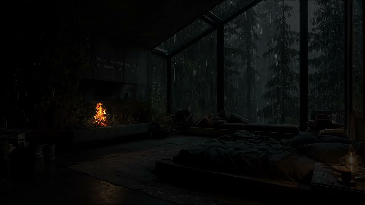 Rainy Forest View Outside the Window | Warm Fireplace Ambience, Natural Rain Sounds
