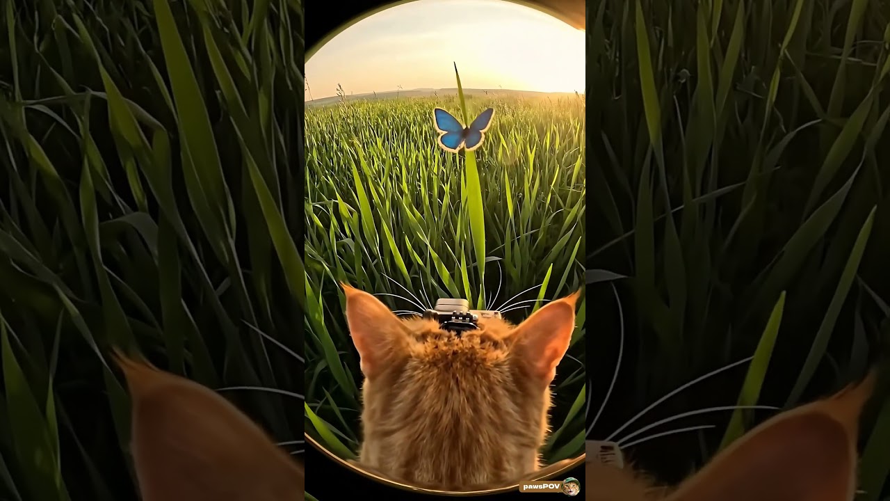 Walking freely in a wide grassy field, POV cat style