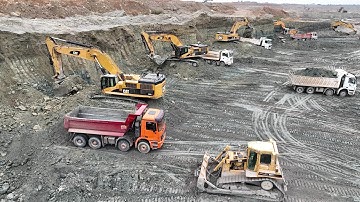 Four Huge Caterpillar & Liebherr Excavators Working In Line - Sotiriadis/Labrianidis Mining Works-4k