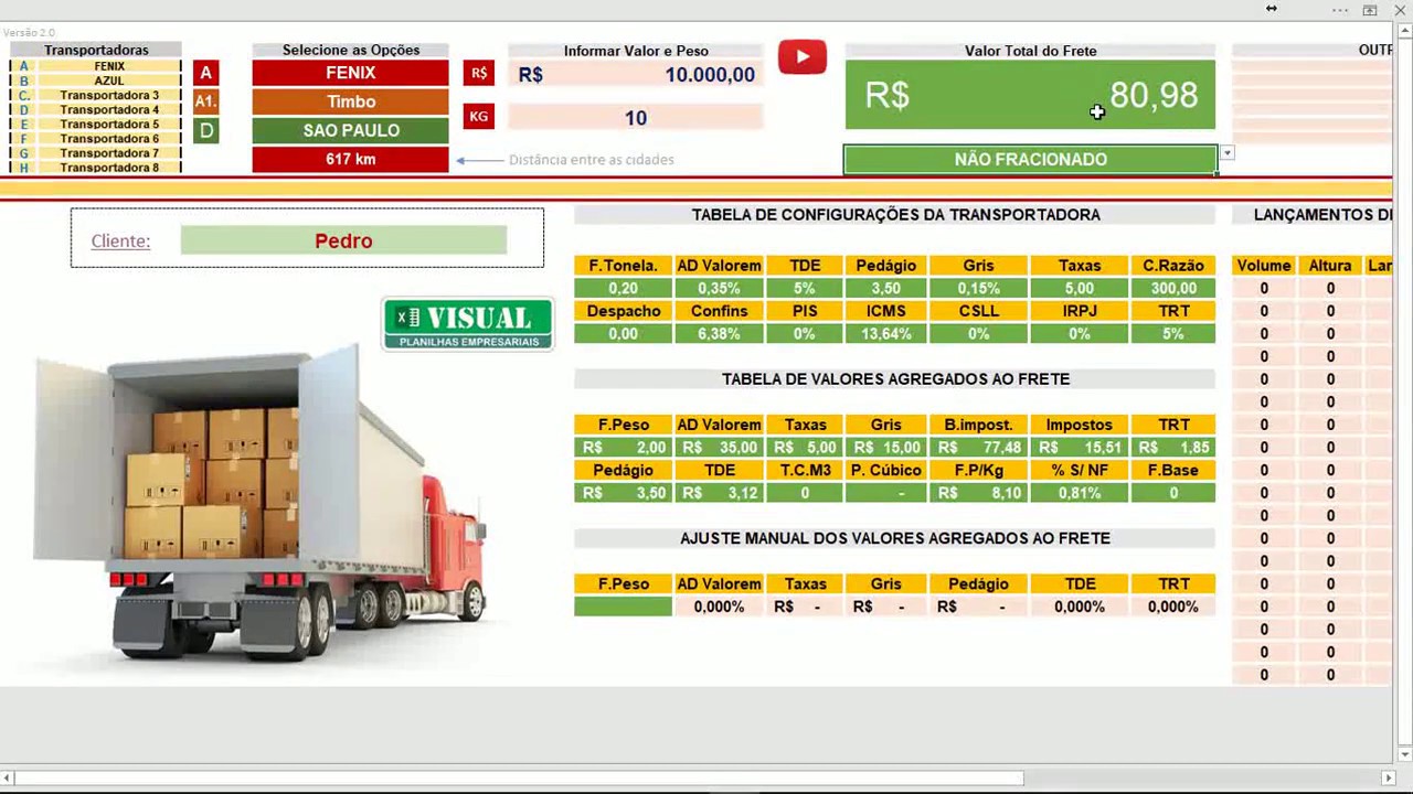Planilha de Cálculo de Fretes Fracionados por Cidades - Cálculo não Fracionado Planilha de Cálculo de Fretes Fracionados por Cidades - Cálculo não Fracionado