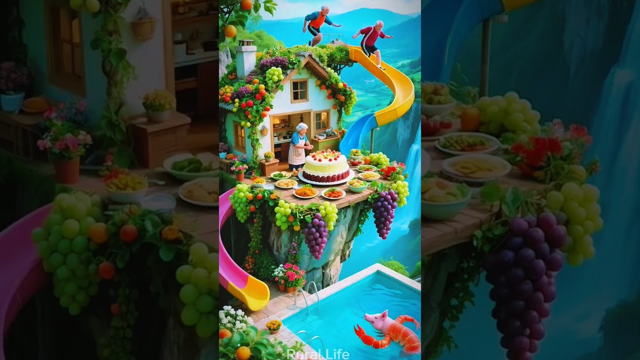 An elderly woman wearing an apron stands near a table strewn with colorful fruits and flowers