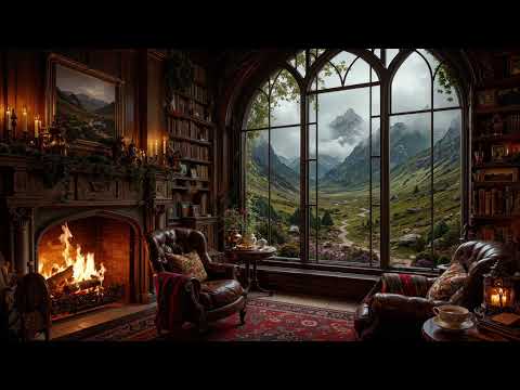 Cozy Highland Library: Rainy Spring Day 🌧️, Scottish Folk & Crackling Fire | Dark Academia Ambience